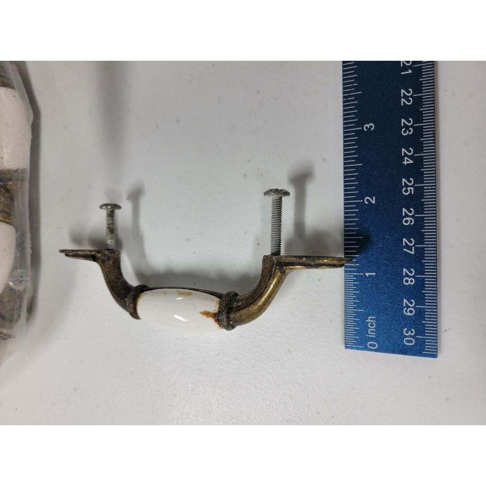 Lot of 4 Vintage Brass Porcelain Cabinet Pulls Handles White 5" 3" Taiwan - Picture 4 of 6